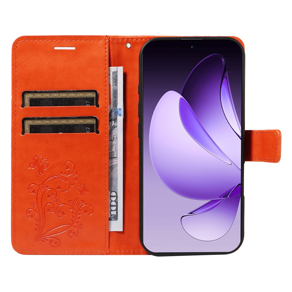 For Oppo Reno13 Pro 5G Wallet Case Floral Butterfly Imprinted Leather Phone Cover Stand - Orange