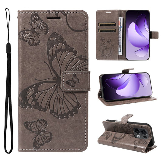 For Oppo Reno13 Pro 5G Wallet Case Floral Butterfly Imprinted Leather Phone Cover Stand - Grey