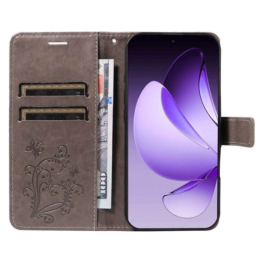 For Oppo Reno13 Pro 5G Wallet Case Floral Butterfly Imprinted Leather Phone Cover Stand - Grey
