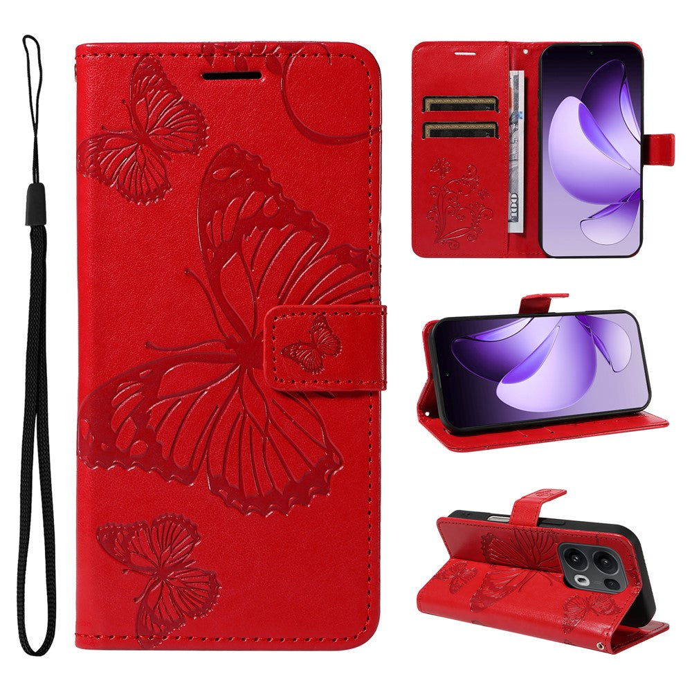 For Oppo Reno13 Pro 5G Wallet Case Floral Butterfly Imprinted Leather Phone Cover Stand - Red