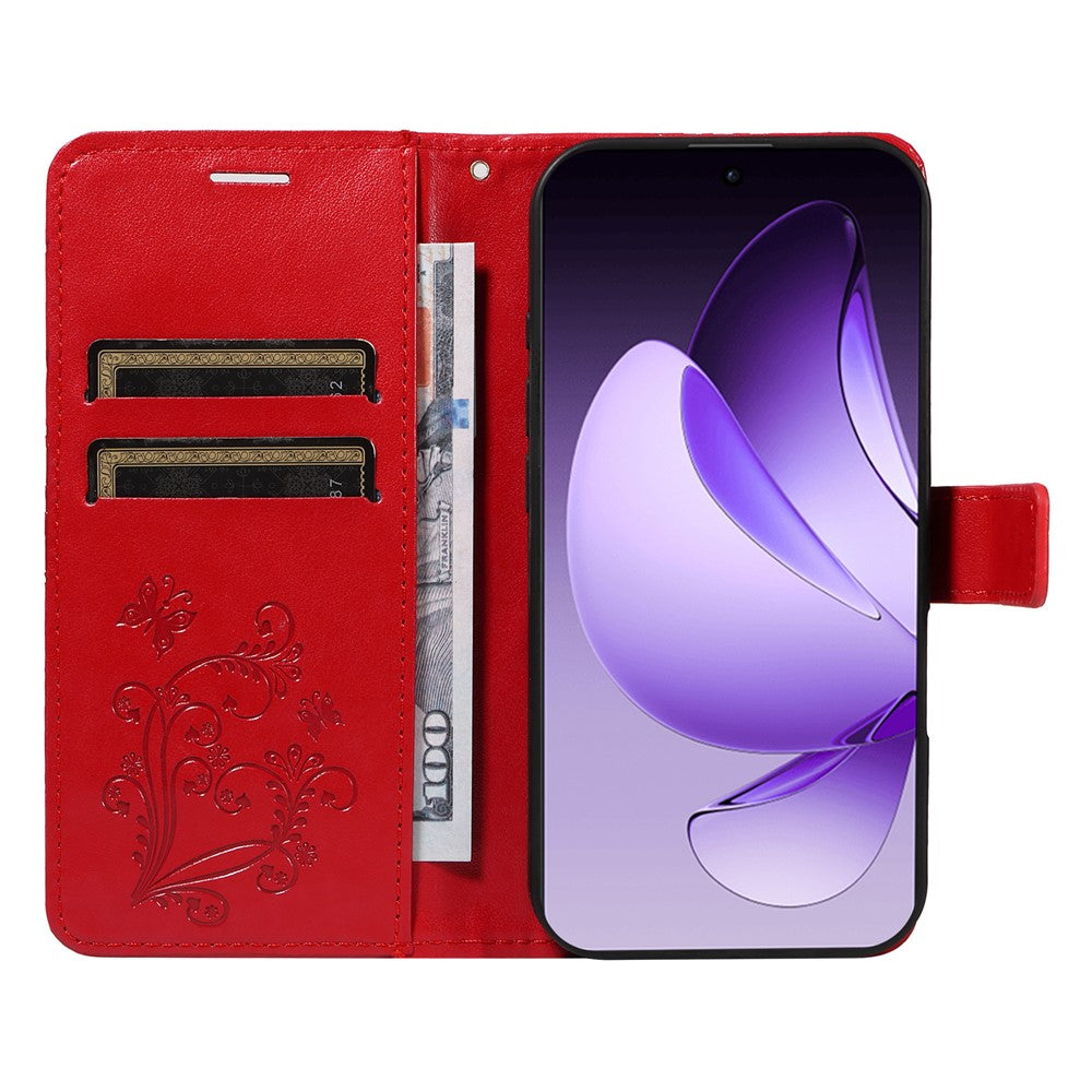 For Oppo Reno13 Pro 5G Wallet Case Floral Butterfly Imprinted Leather Phone Cover Stand - Red