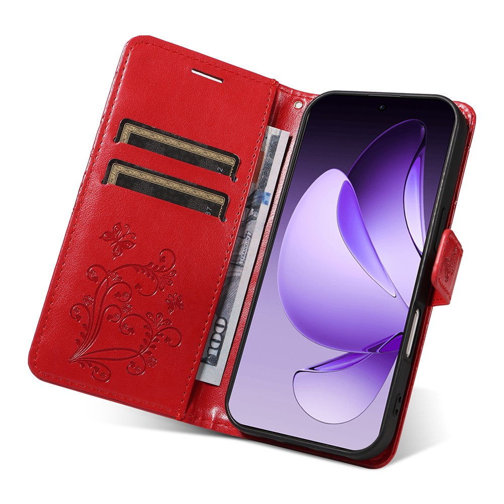 For Oppo Reno13 Pro 5G Wallet Case Floral Butterfly Imprinted Leather Phone Cover Stand - Red