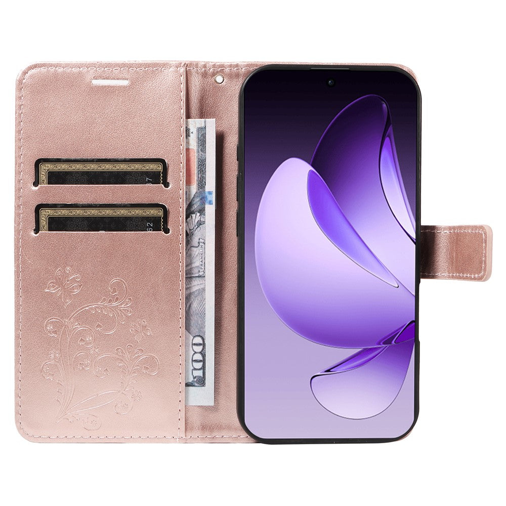 For Oppo Reno13 Pro 5G Wallet Case Floral Butterfly Imprinted Leather Phone Cover Stand -  Rose Gold