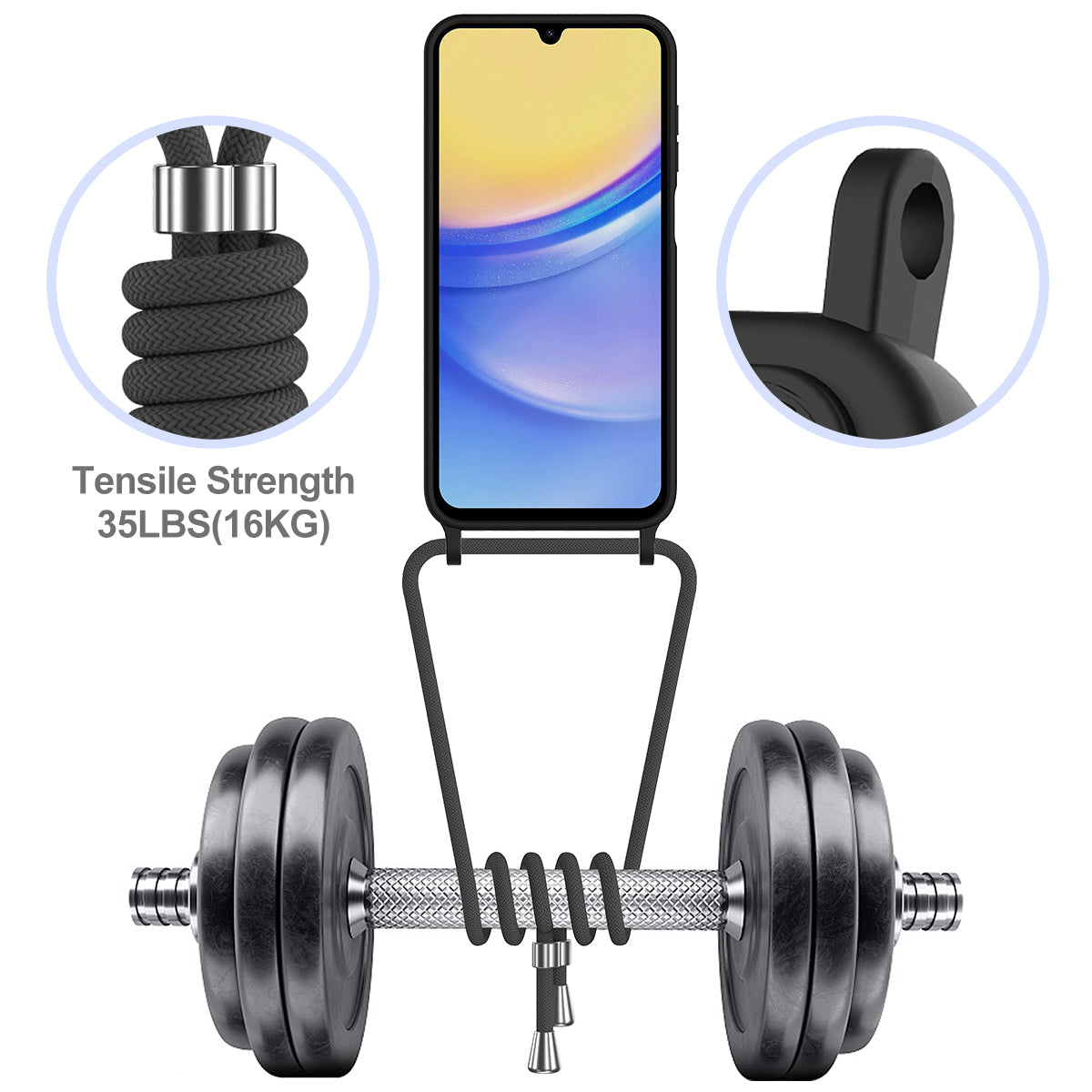For Samsung Galaxy M14 4G Liquid Silicone Case with Card Holder and Lanyard Back Phone Cover - Black