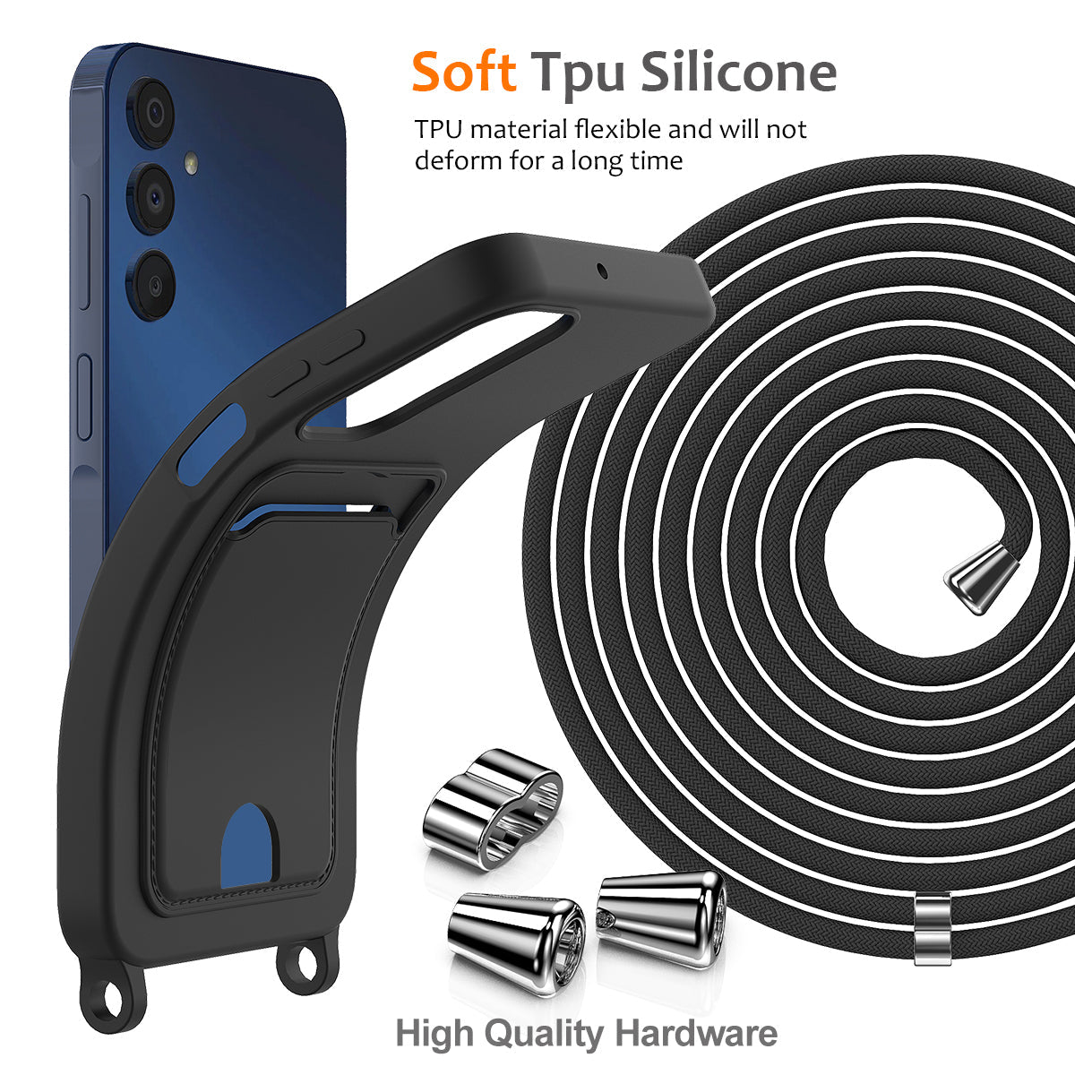 For Samsung Galaxy M14 4G Liquid Silicone Case with Card Holder and Lanyard Back Phone Cover - Black
