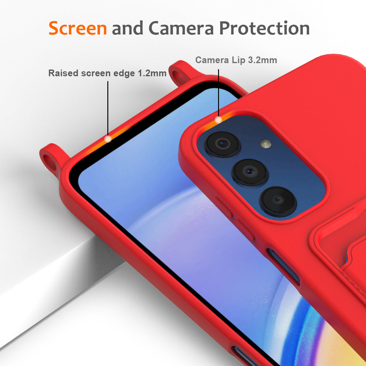 For Samsung Galaxy M14 4G Liquid Silicone Case with Card Holder and Lanyard Back Phone Cover - Red