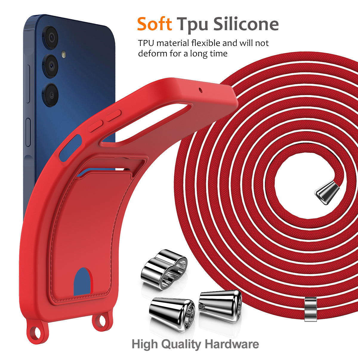 For Samsung Galaxy M14 4G Liquid Silicone Case with Card Holder and Lanyard Back Phone Cover - Red