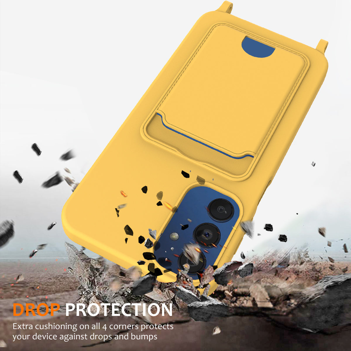 For Samsung Galaxy M14 4G Liquid Silicone Case with Card Holder and Lanyard Back Phone Cover - Yellow