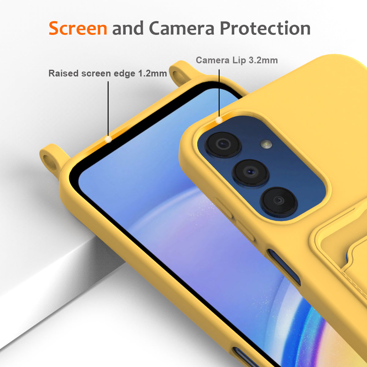For Samsung Galaxy M14 4G Liquid Silicone Case with Card Holder and Lanyard Back Phone Cover - Yellow