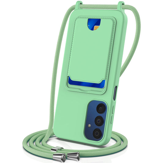 For Samsung Galaxy M14 4G Liquid Silicone Case with Card Holder and Lanyard Back Phone Cover - Green