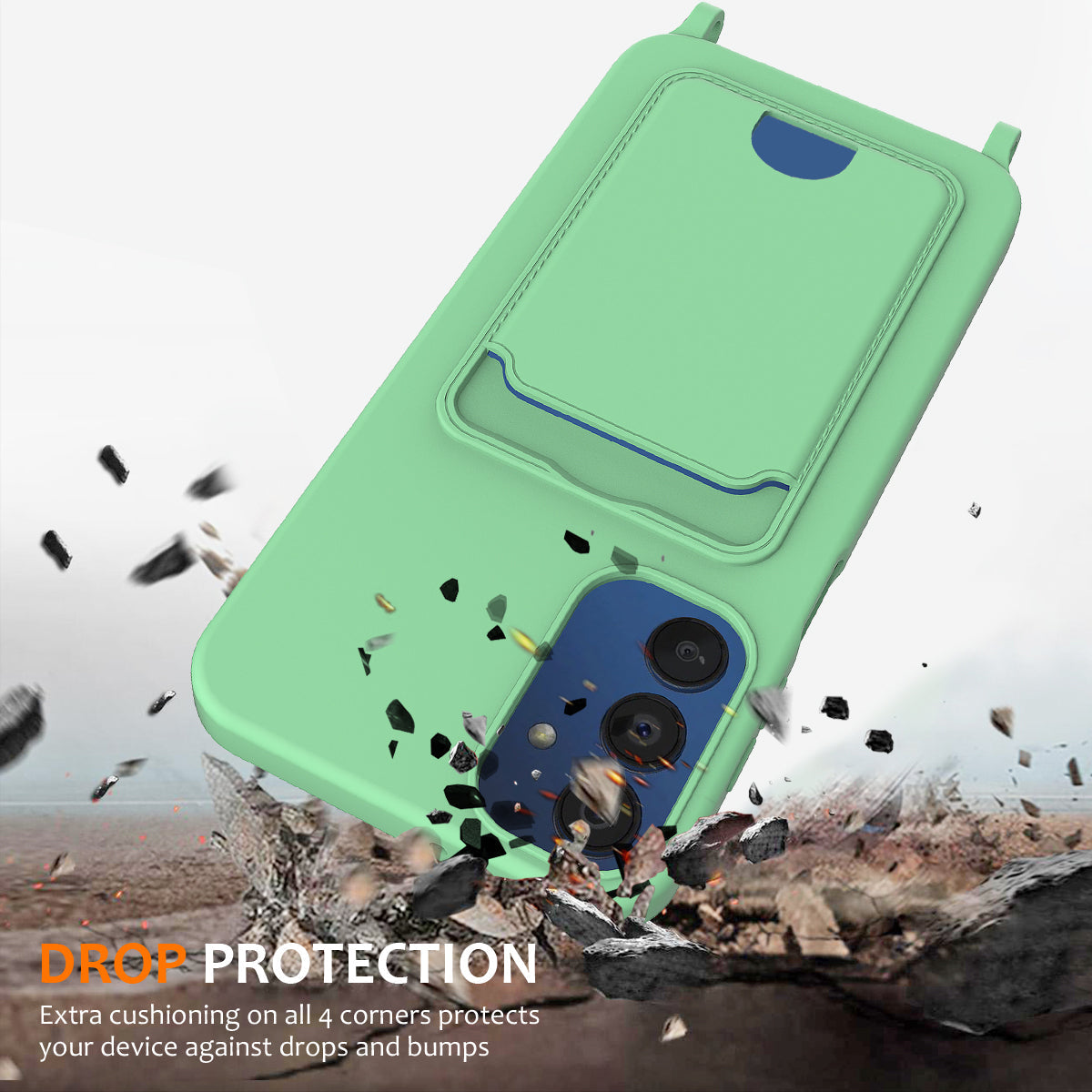 For Samsung Galaxy M14 4G Liquid Silicone Case with Card Holder and Lanyard Back Phone Cover - Green