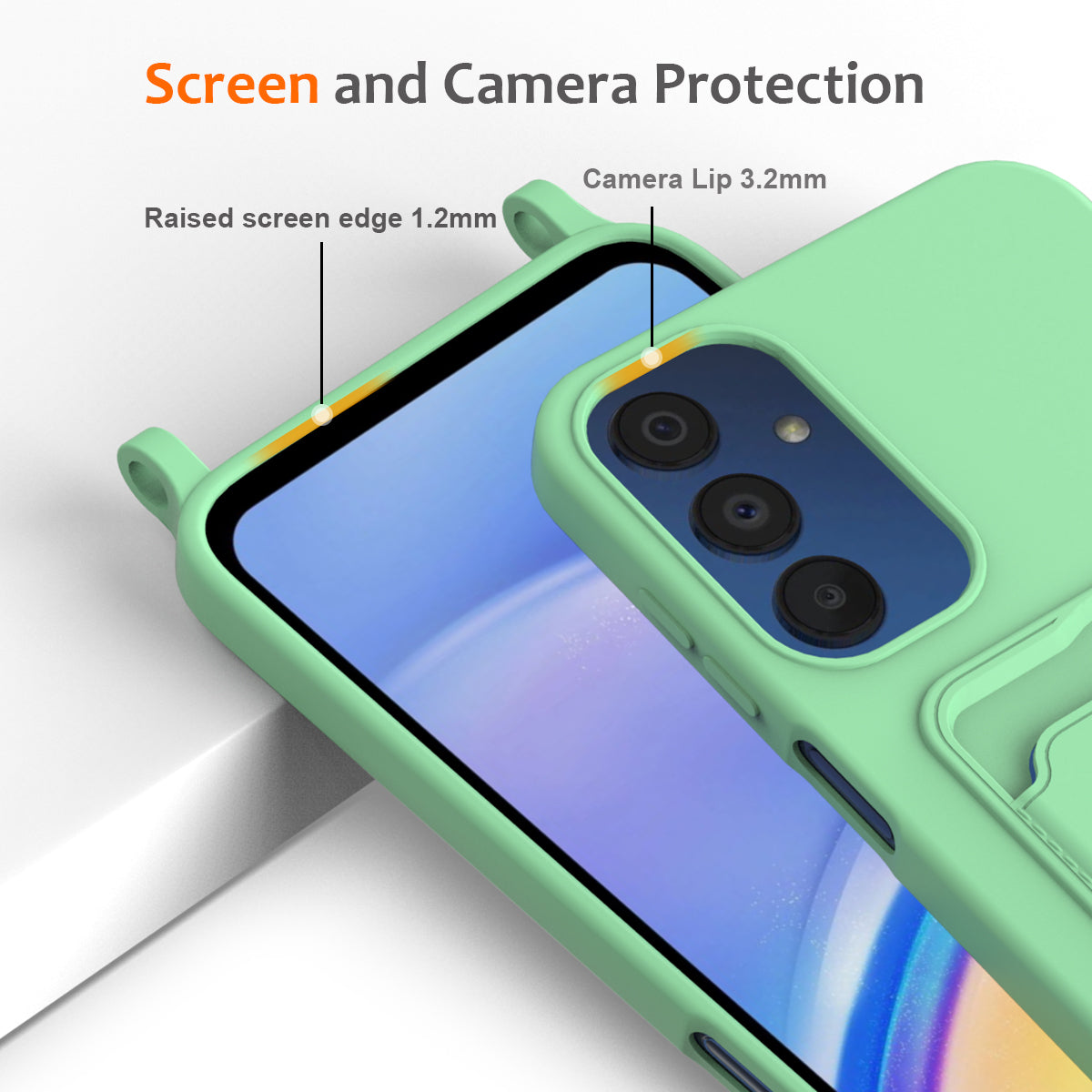 For Samsung Galaxy M14 4G Liquid Silicone Case with Card Holder and Lanyard Back Phone Cover - Green