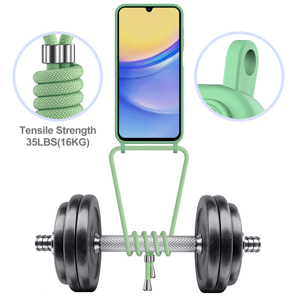 For Samsung Galaxy M14 4G Liquid Silicone Case with Card Holder and Lanyard Back Phone Cover - Green