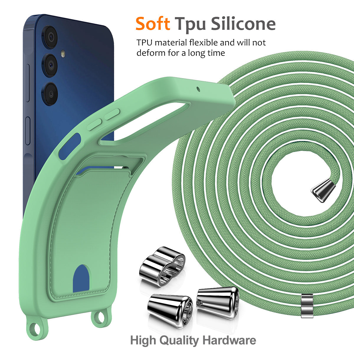 For Samsung Galaxy M14 4G Liquid Silicone Case with Card Holder and Lanyard Back Phone Cover - Green