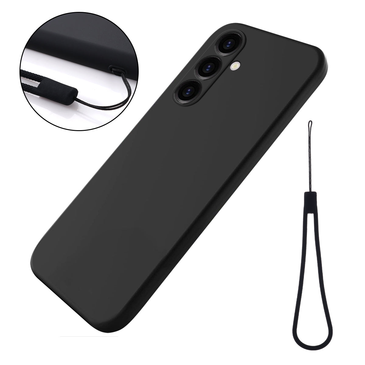 For Samsung Galaxy M14 4G Case Liquid Silicone Phone Back Cover with Hand Strap - Black