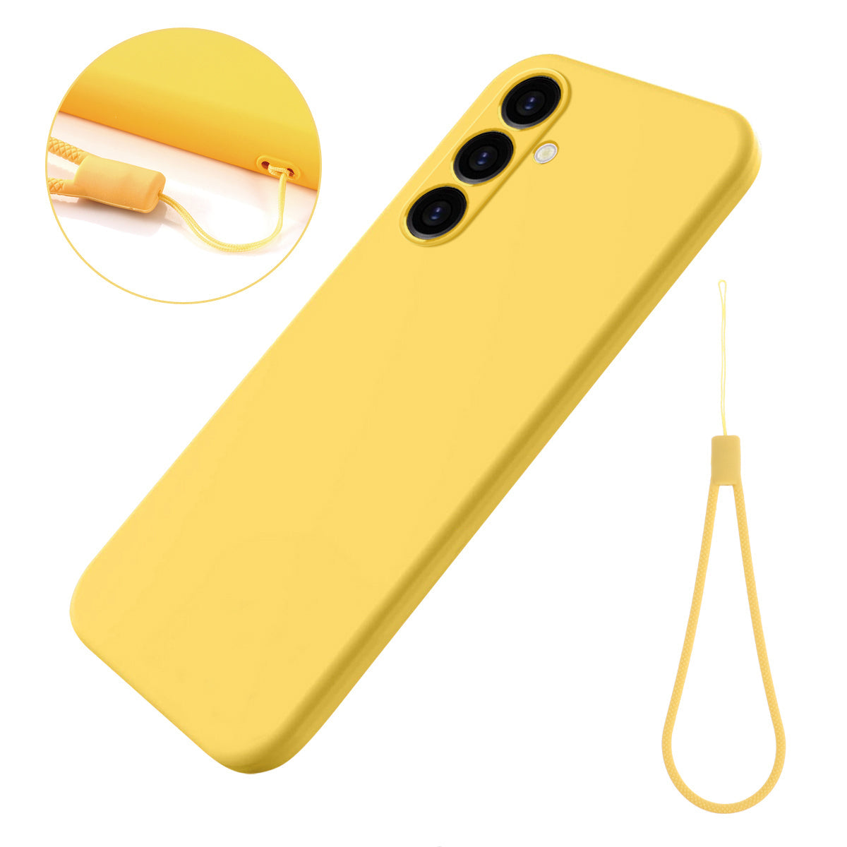 For Samsung Galaxy M14 4G Case Liquid Silicone Phone Back Cover with Hand Strap - Yellow