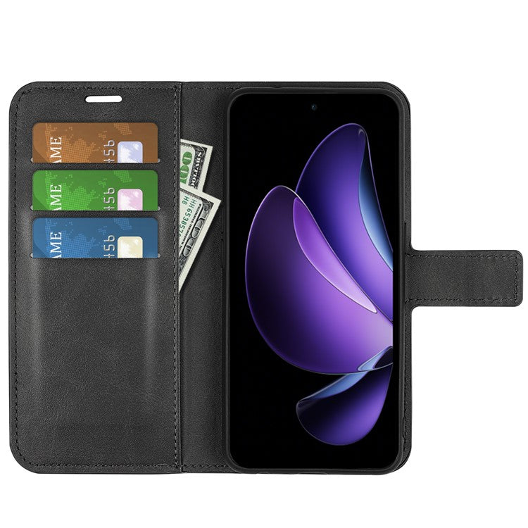 For Oppo Reno13 F 5G Stand Case Anti-Scratch Calf Texture Leather Phone Cover - Black