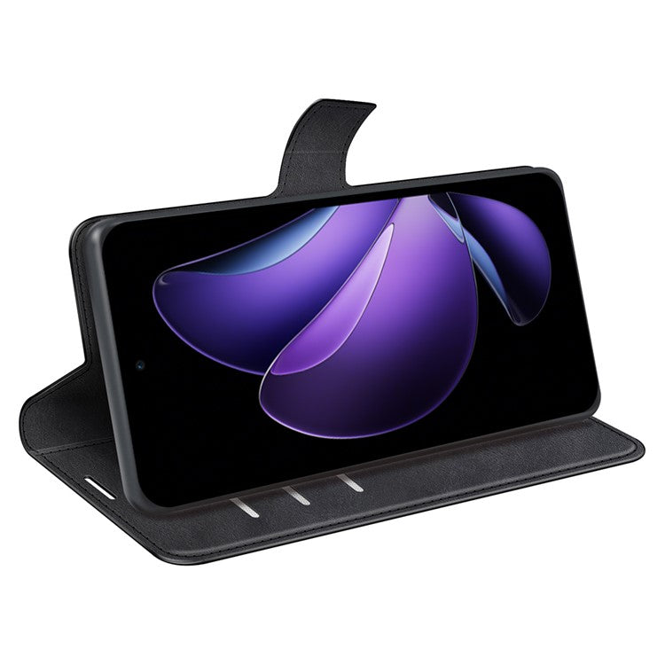 For Oppo Reno13 F 5G Stand Case Anti-Scratch Calf Texture Leather Phone Cover - Black