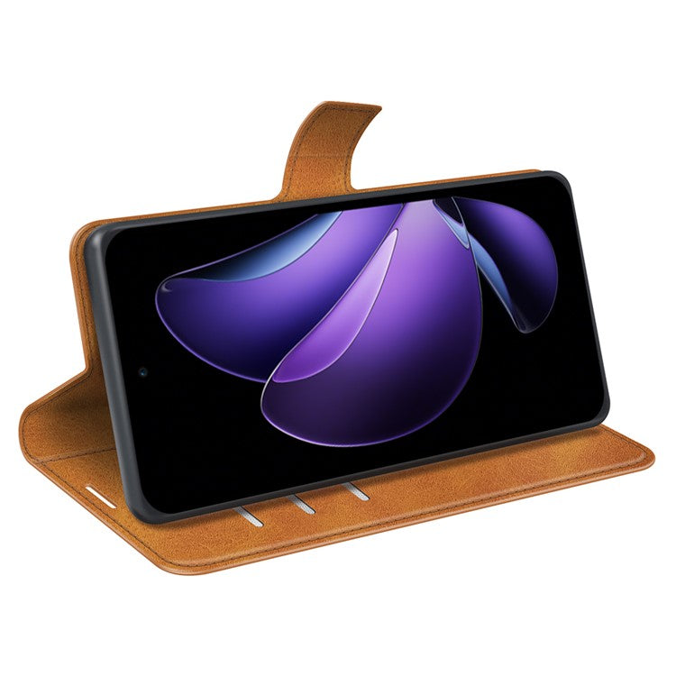 For Oppo Reno13 F 5G Stand Case Anti-Scratch Calf Texture Leather Phone Cover - Yellow