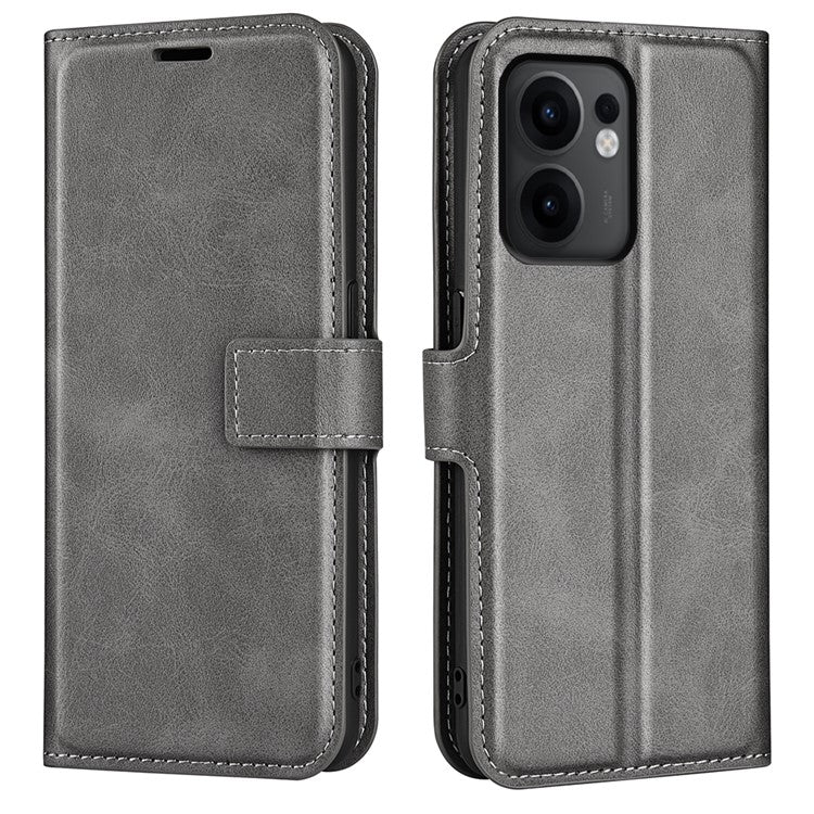 For Oppo Reno13 F 5G Stand Case Anti-Scratch Calf Texture Leather Phone Cover - Grey
