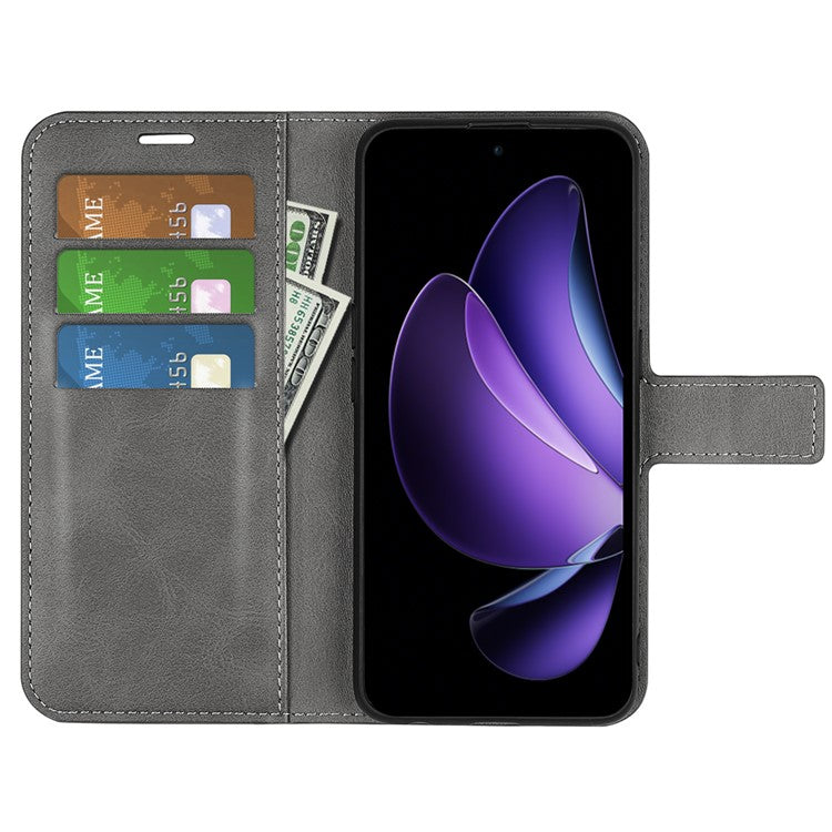 For Oppo Reno13 F 5G Stand Case Anti-Scratch Calf Texture Leather Phone Cover - Grey