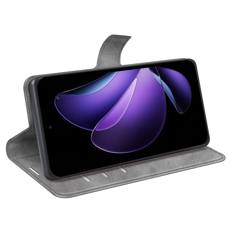 For Oppo Reno13 F 5G Stand Case Anti-Scratch Calf Texture Leather Phone Cover - Grey