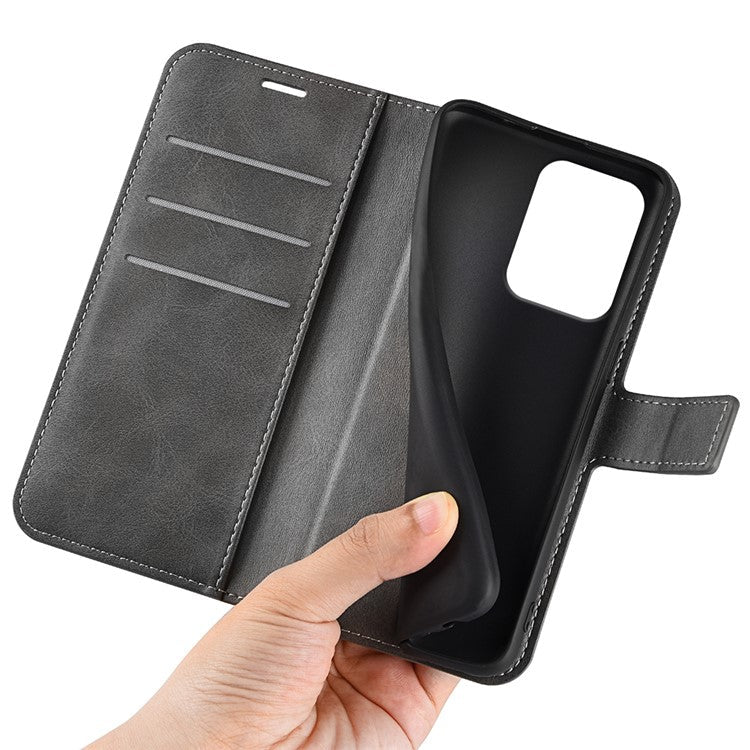 For Oppo Reno13 F 5G Stand Case Anti-Scratch Calf Texture Leather Phone Cover - Grey