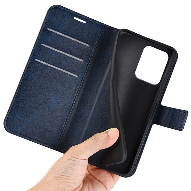 For Oppo Reno13 F 5G Stand Case Anti-Scratch Calf Texture Leather Phone Cover - Blue