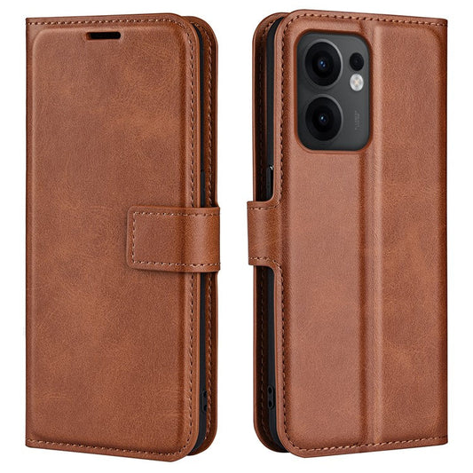 For Oppo Reno13 F 5G Stand Case Anti-Scratch Calf Texture Leather Phone Cover - Light Brown