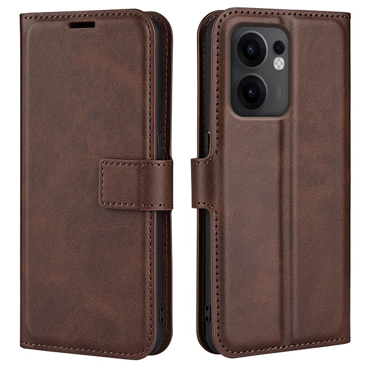 For Oppo Reno13 F 5G Stand Case Anti-Scratch Calf Texture Leather Phone Cover - Brown