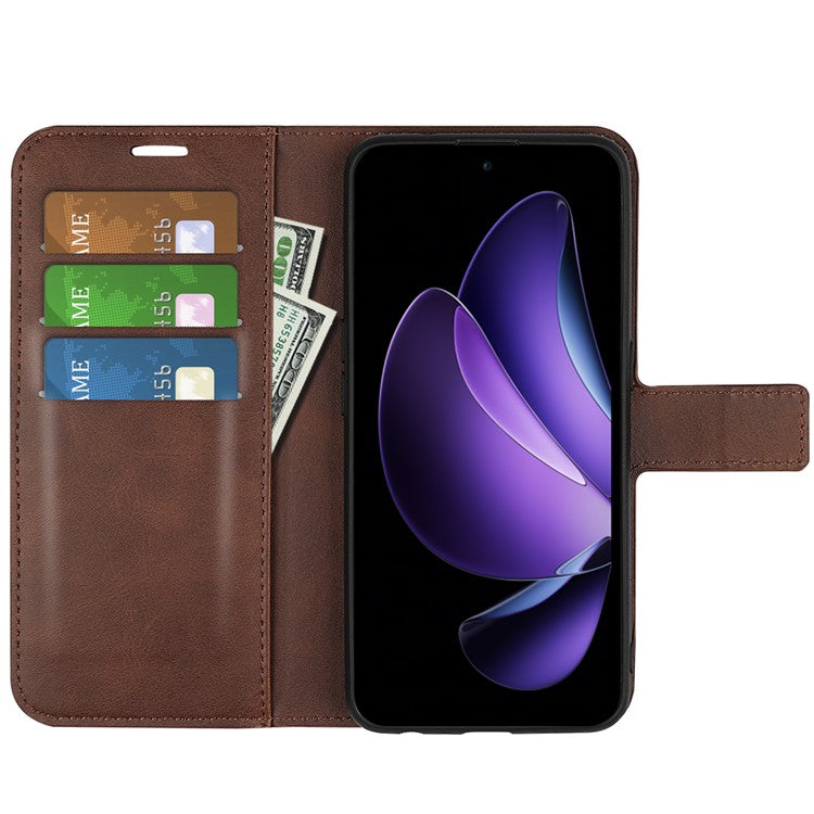 For Oppo Reno13 F 5G Stand Case Anti-Scratch Calf Texture Leather Phone Cover - Brown