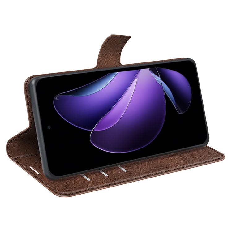 For Oppo Reno13 F 5G Stand Case Anti-Scratch Calf Texture Leather Phone Cover - Brown