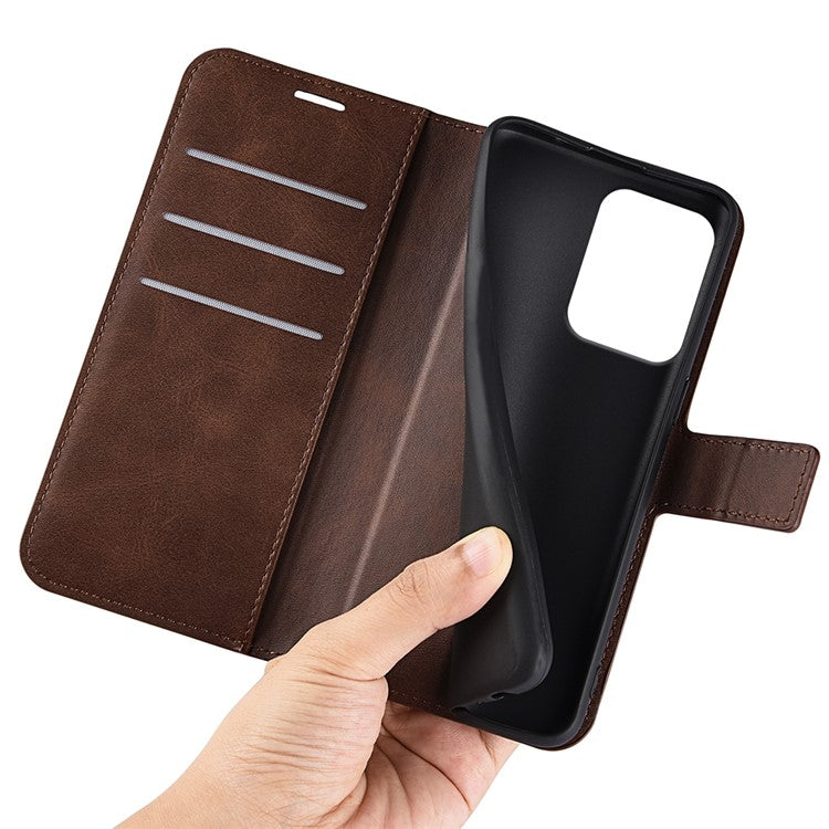 For Oppo Reno13 F 5G Stand Case Anti-Scratch Calf Texture Leather Phone Cover - Brown