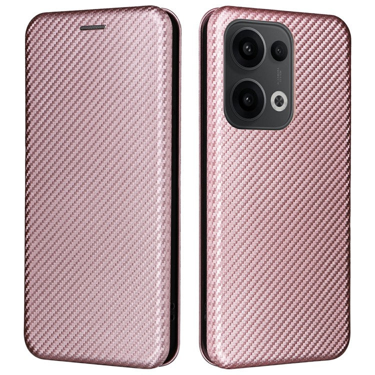 For Oppo Reno13 5G (Global) Case Carbon Fiber Texture Drop-Proof PU Leather Phone Cover - Rose Gold