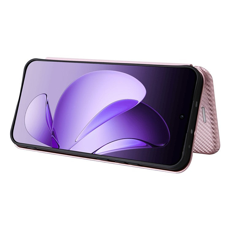 For Oppo Reno13 5G (Global) Case Carbon Fiber Texture Drop-Proof PU Leather Phone Cover - Rose Gold