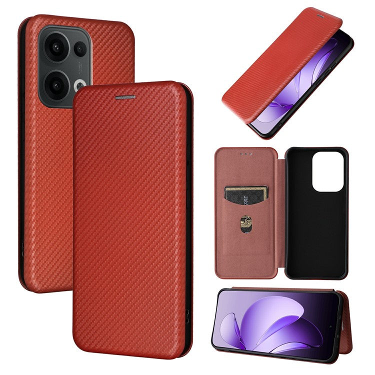 For Oppo Reno13 5G (Global) Case Carbon Fiber Texture Drop-Proof PU Leather Phone Cover - Brown