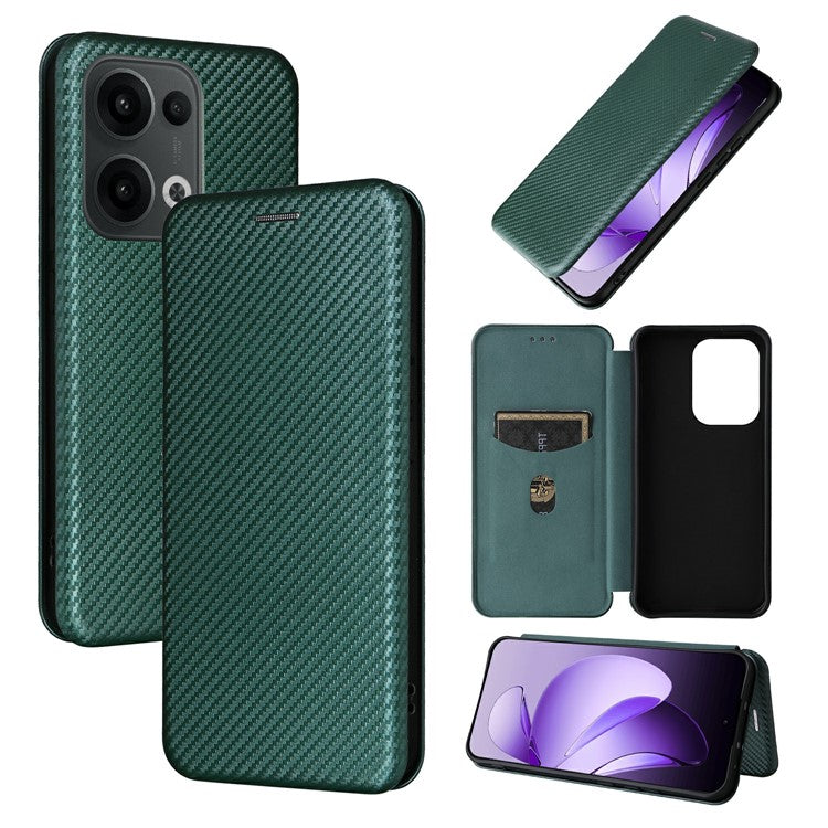 For Oppo Reno13 5G (Global) Case Carbon Fiber Texture Drop-Proof PU Leather Phone Cover - Green