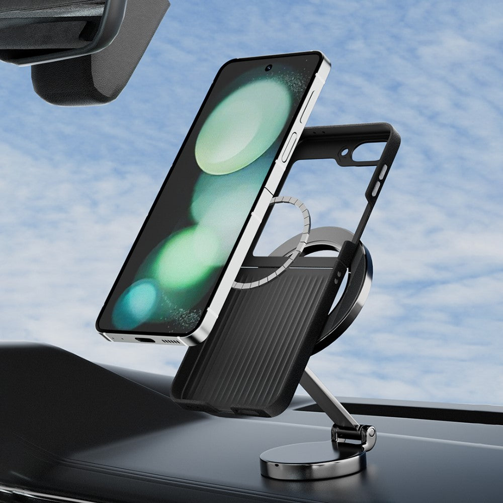 ABEEL For Samsung Galaxy Z Flip7 FE 5G / Z Flip6 5G Case Compatible with MagSafe Micro-Embossing PC TPU Aluminum Alloy Leather Phone Cover