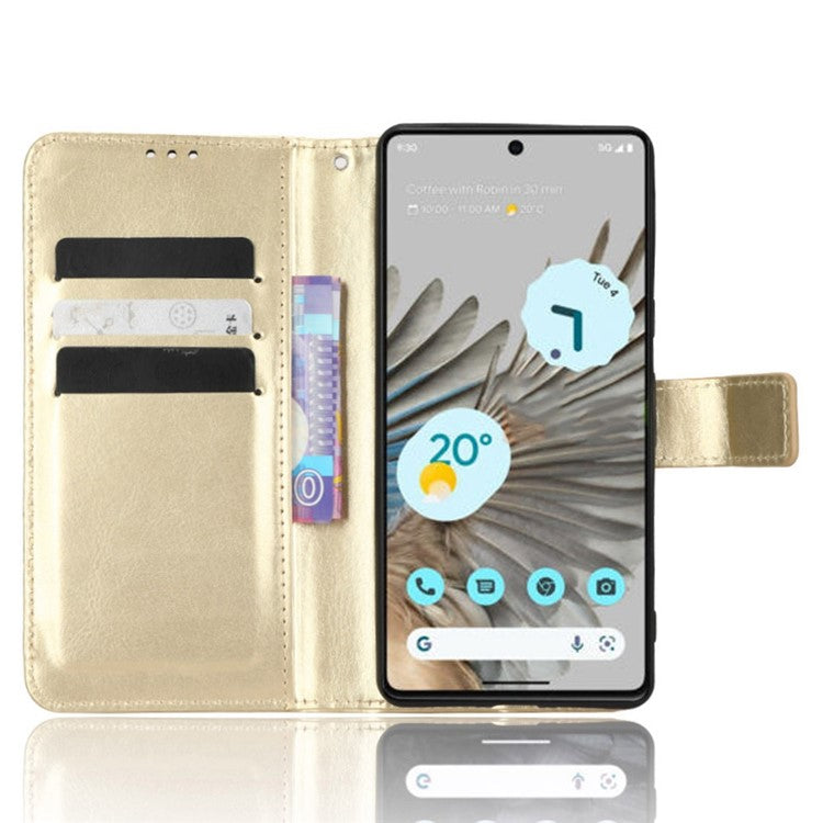 For Google Pixel 7 5G Magnetic Clasp Protective Phone Case Foldable Stand Crazy Horse Texture PU Leather Wallet Cover - Gold