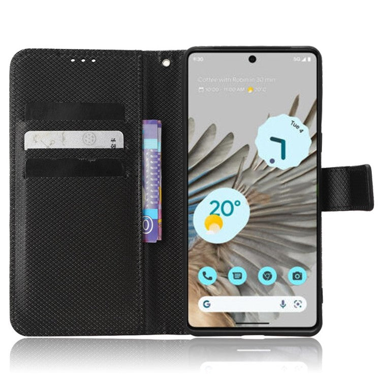 For Google Pixel 7 5G Anti-wear Phone Case Diamond Texture PU Leather Cellphone Flip Wallet Cover with Stand - Black