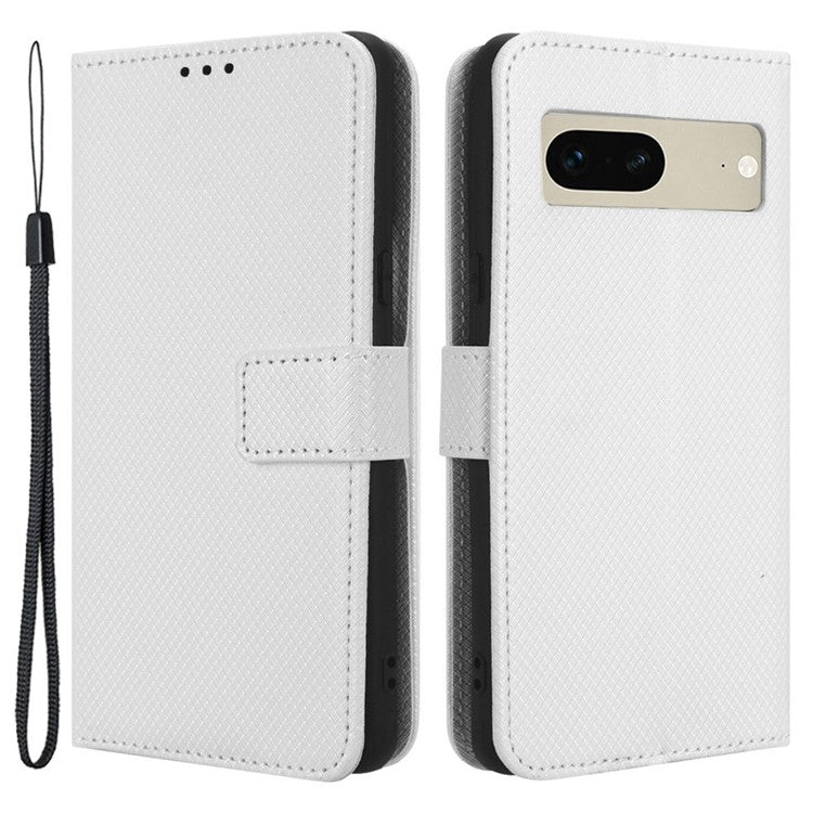 For Google Pixel 7 5G Anti-wear Phone Case Diamond Texture PU Leather Cellphone Flip Wallet Cover with Stand - White