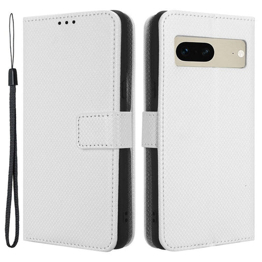For Google Pixel 7 5G Anti-wear Phone Case Diamond Texture PU Leather Cellphone Flip Wallet Cover with Stand - White