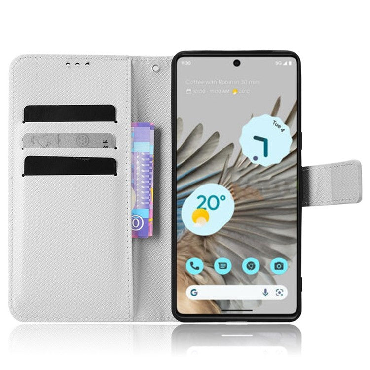 For Google Pixel 7 5G Anti-wear Phone Case Diamond Texture PU Leather Cellphone Flip Wallet Cover with Stand - White