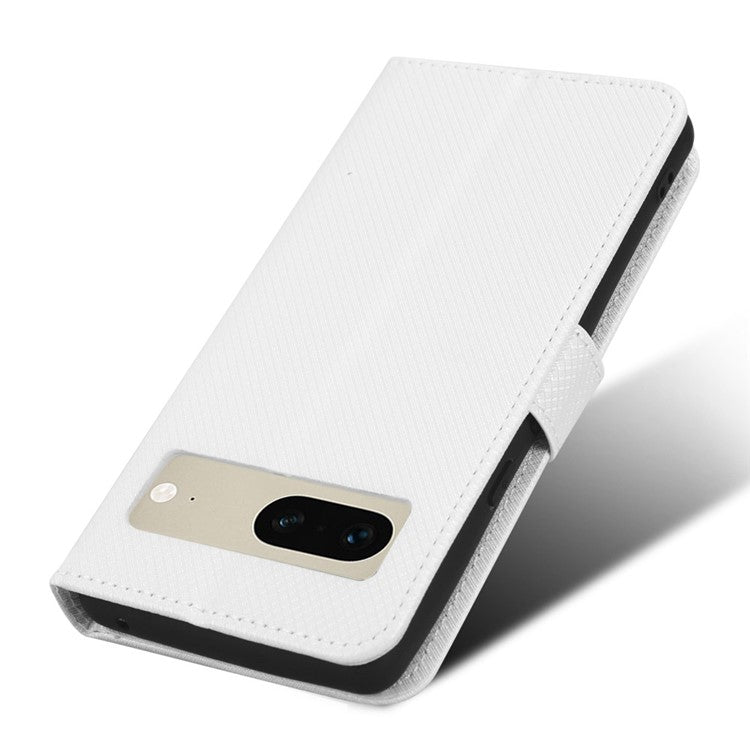 For Google Pixel 7 5G Anti-wear Phone Case Diamond Texture PU Leather Cellphone Flip Wallet Cover with Stand - White