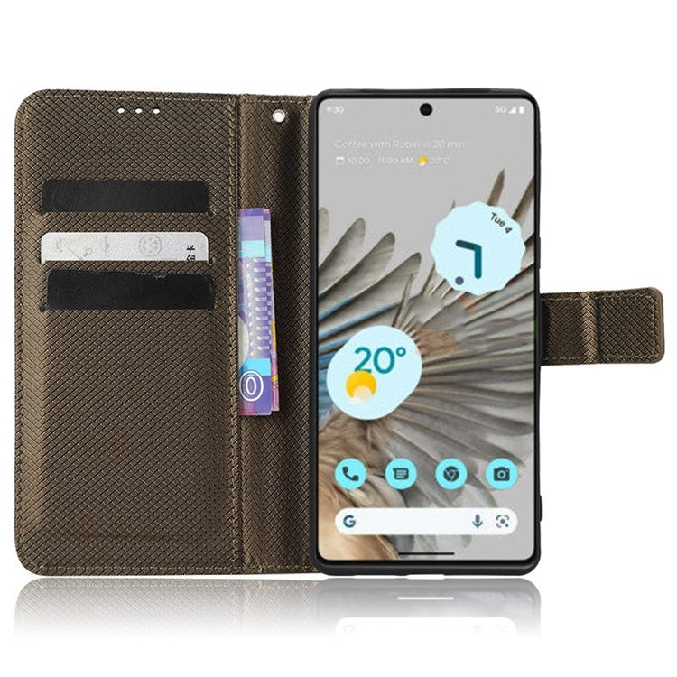 For Google Pixel 7 5G Anti-wear Phone Case Diamond Texture PU Leather Cellphone Flip Wallet Cover with Stand - Brown