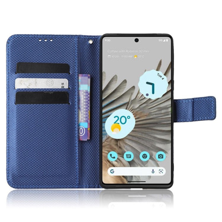 For Google Pixel 7 5G Anti-wear Phone Case Diamond Texture PU Leather Cellphone Flip Wallet Cover with Stand - Blue