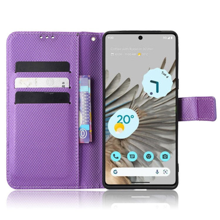For Google Pixel 7 5G Anti-wear Phone Case Diamond Texture PU Leather Cellphone Flip Wallet Cover with Stand - Purple