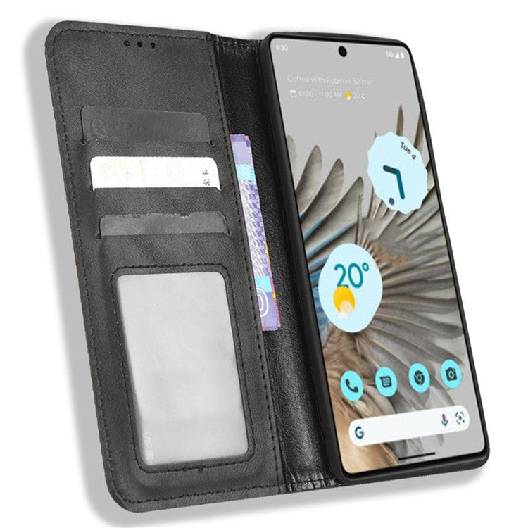 Cell Phone Cover For Google Pixel 7 5G, Wallet Case Magnetic Auto Closing PU Leather Retro Imprint Pattern Anti-Srcratch Phone Shell with Stand - Black