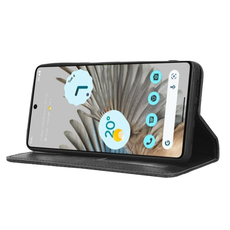 Cell Phone Cover For Google Pixel 7 5G, Wallet Case Magnetic Auto Closing PU Leather Retro Imprint Pattern Anti-Srcratch Phone Shell with Stand - Black