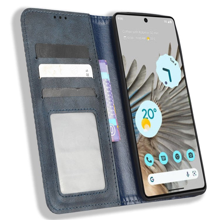 Cell Phone Cover For Google Pixel 7 5G, Wallet Case Magnetic Auto Closing PU Leather Retro Imprint Pattern Anti-Srcratch Phone Shell with Stand - Blue